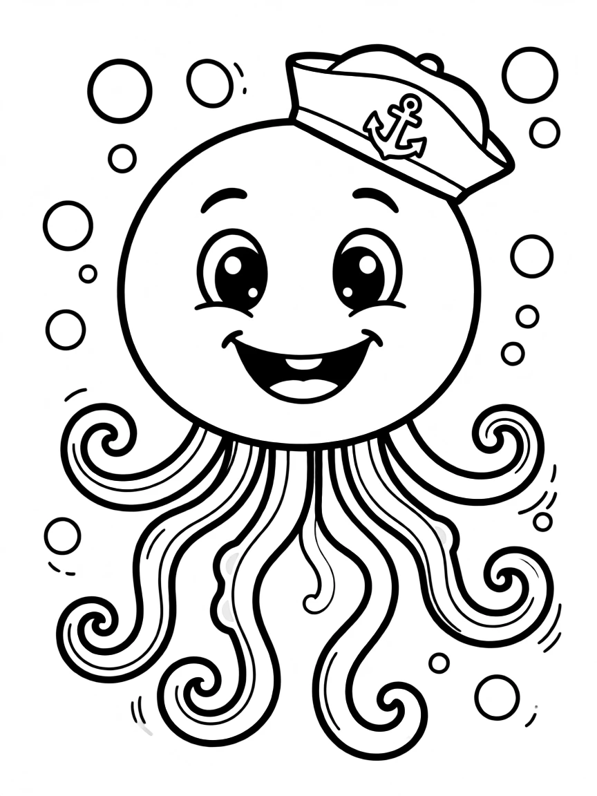 Cheerful cartoon jellyfish coloring page