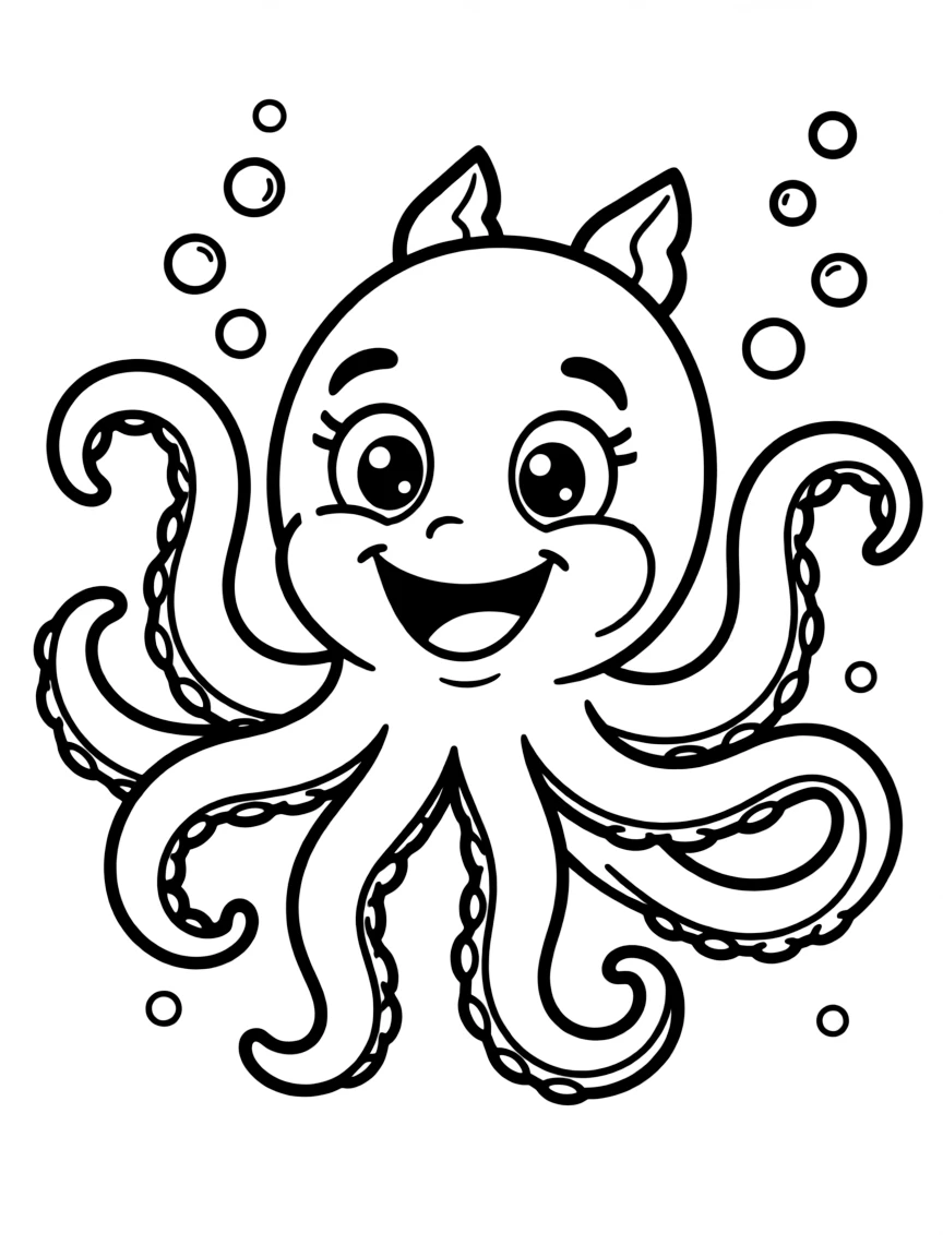 Cheerful cartoon squid coloring page