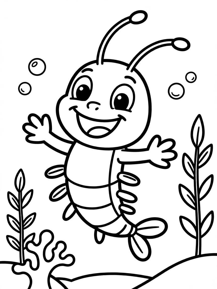 Cheerful cartoon krill coloring page