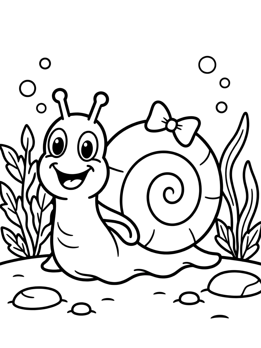 Cheerful cartoon sea snail coloring page