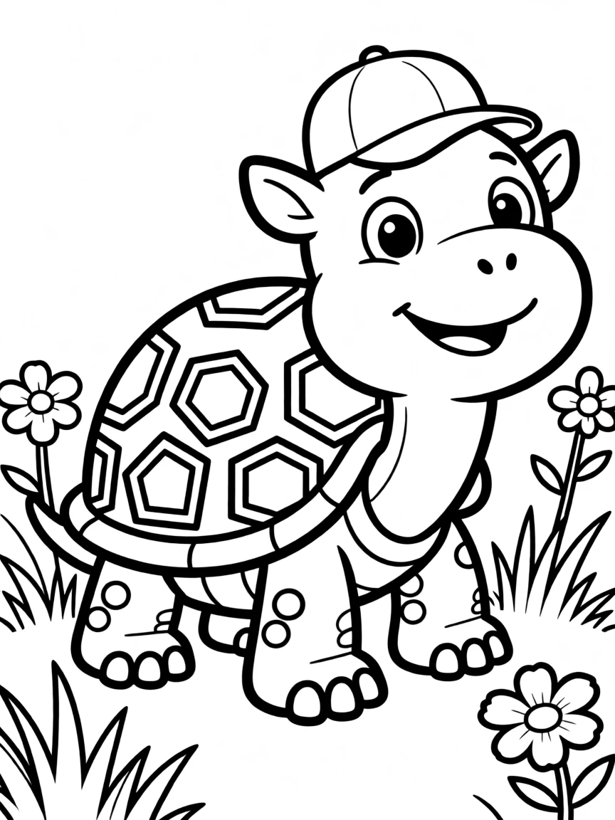 Cheerful cartoon tortoise coloring page