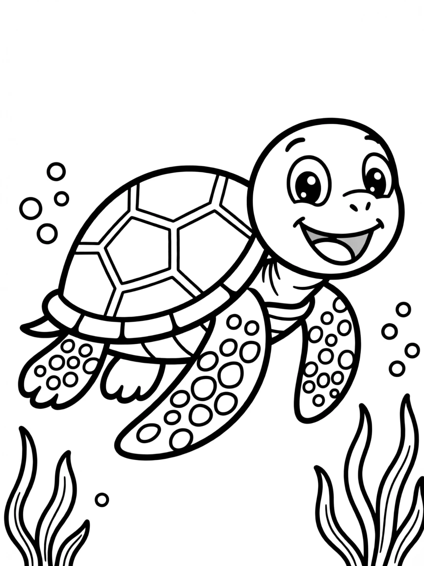 Cheerful cartoon sea turtle coloring page