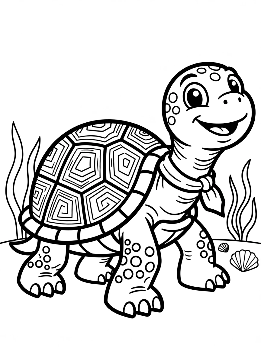 Cheerful cartoon painted turtle coloring page