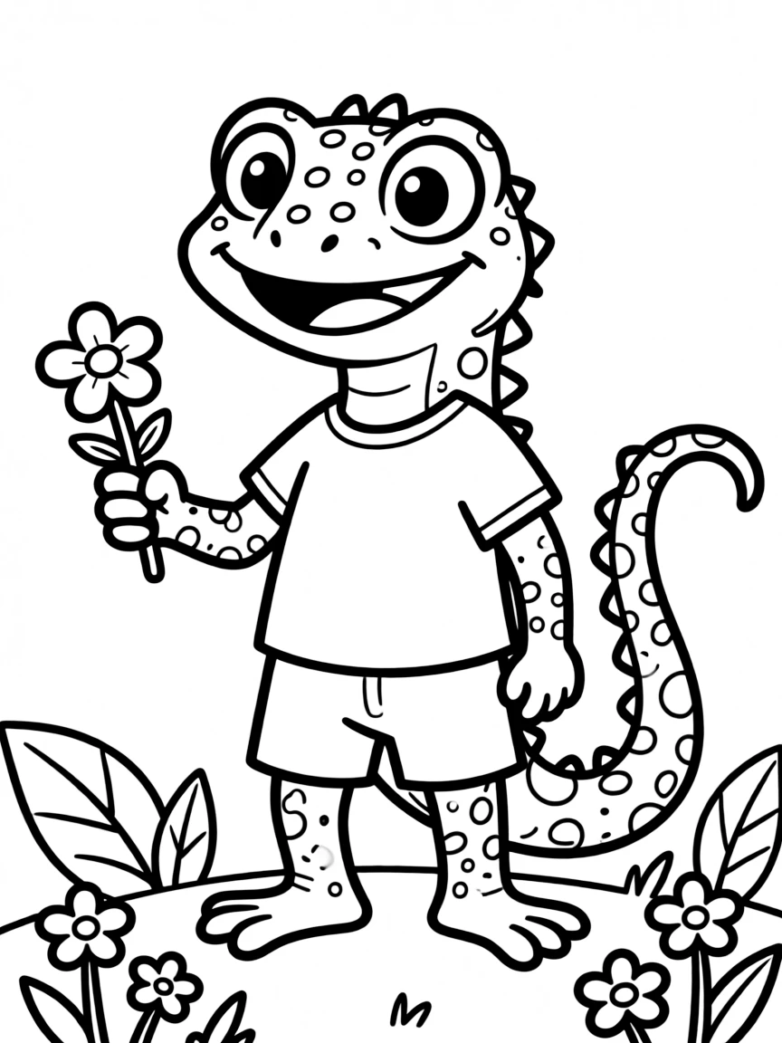 Cheerful cartoon gecko coloring page