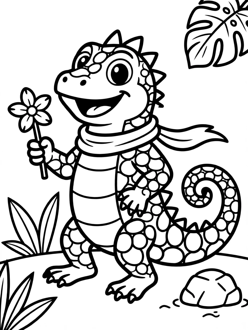 Cheerful cartoon iguana coloring page