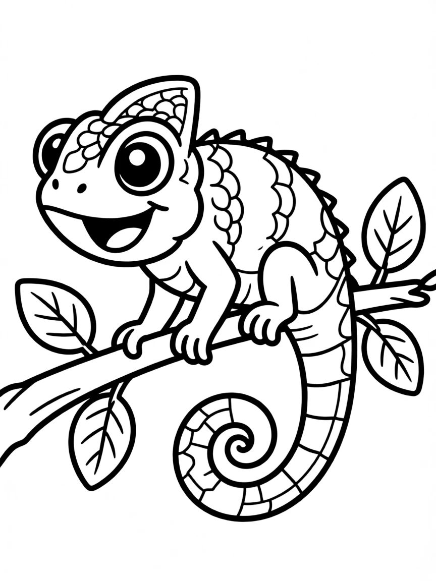 Cheerful cartoon chameleon coloring page