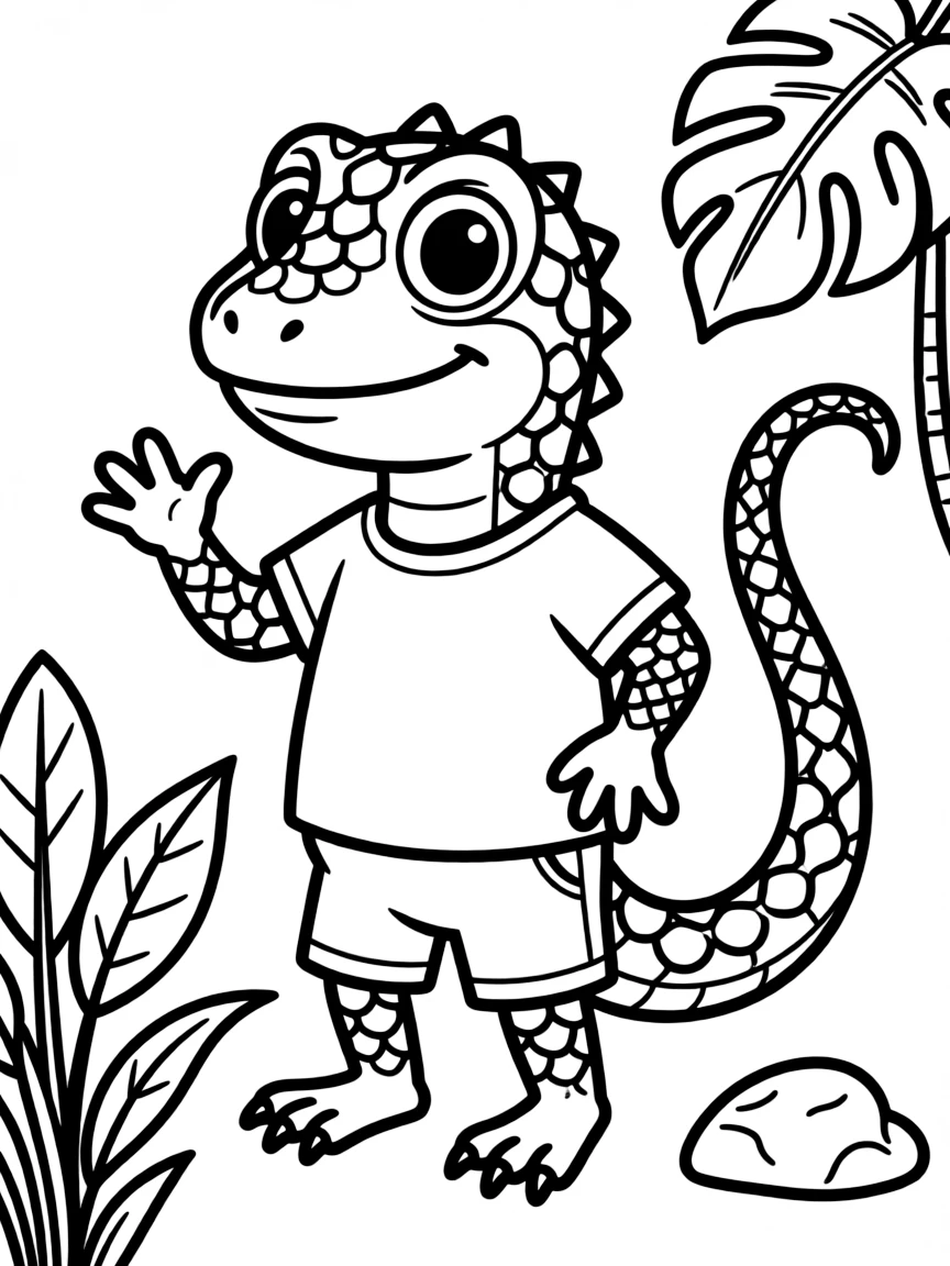 Cheerful cartoon monitor lizard coloring page