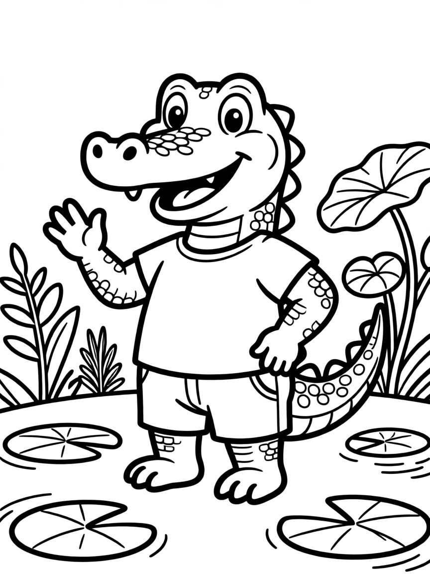 Cheerful cartoon alligator coloring page