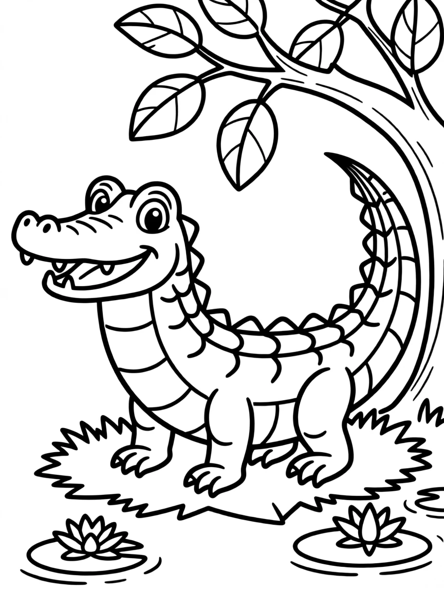 Cheerful cartoon caiman coloring page