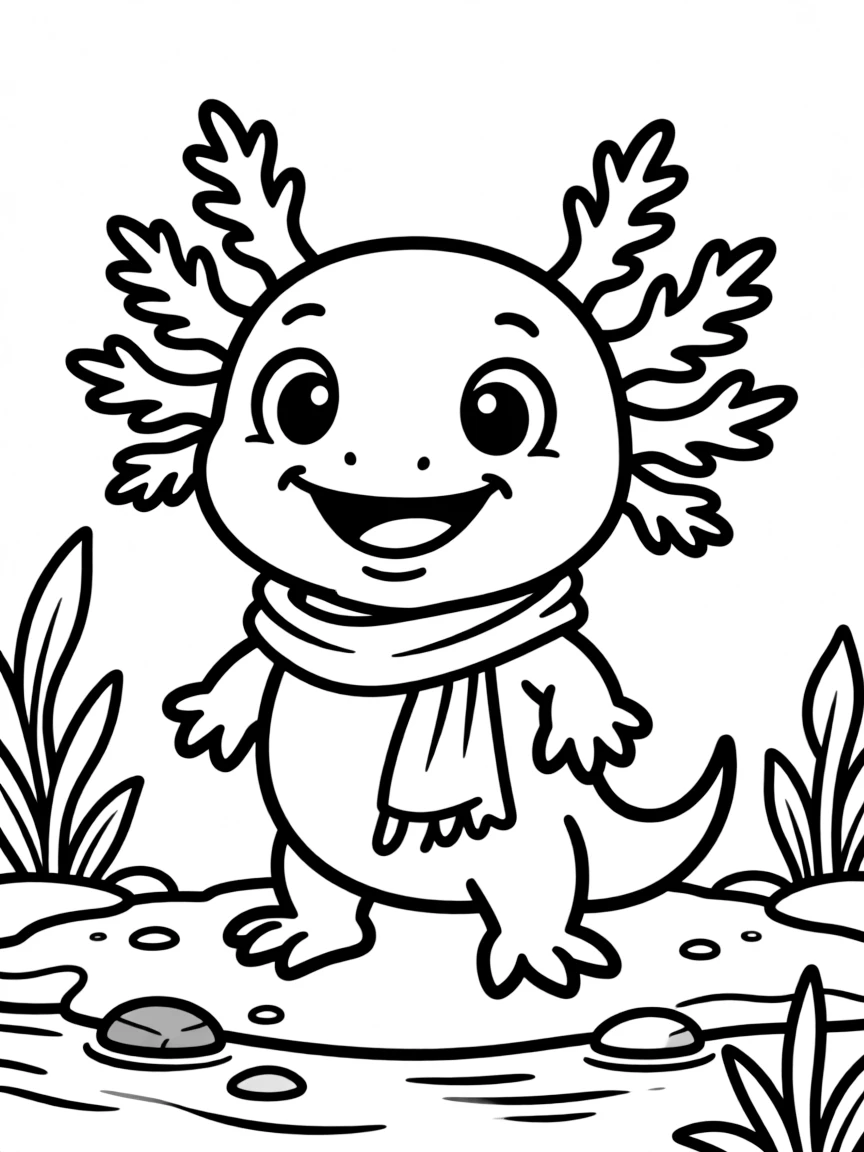 Cheerful cartoon axolotl coloring page