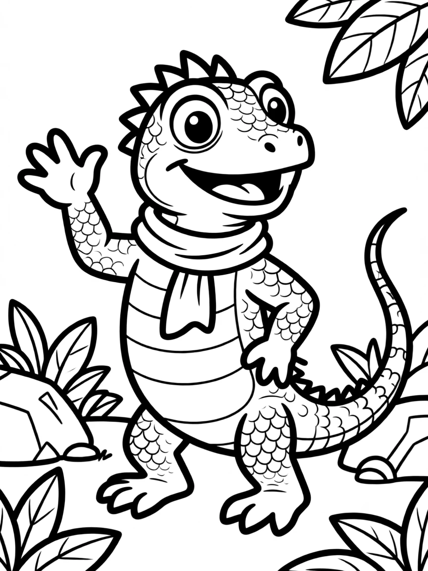Cheerful cartoon tuatara coloring page