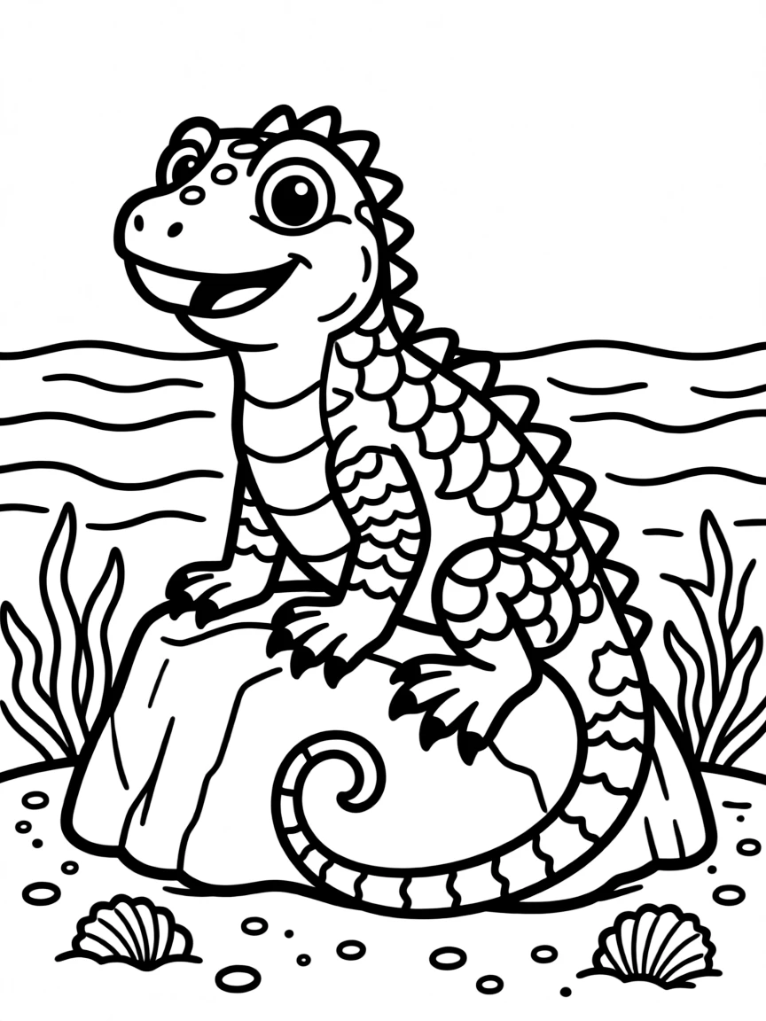 Cheerful cartoon marine iguana coloring page