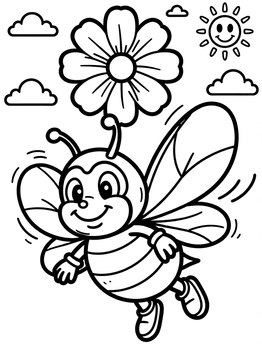 Cheerful cartoon bee coloring page