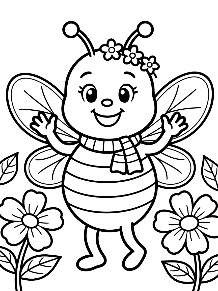 Cheerful cartoon honeybee coloring page