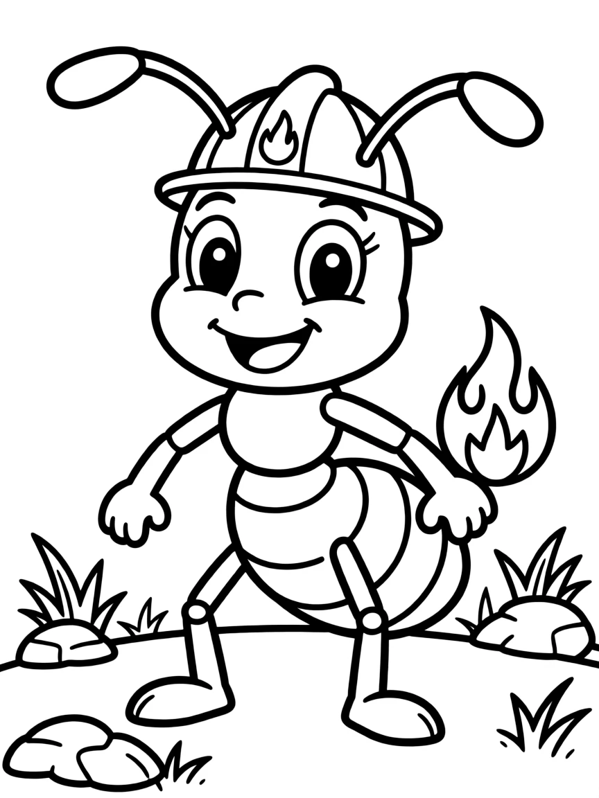 Cheerful cartoon fire ant coloring page