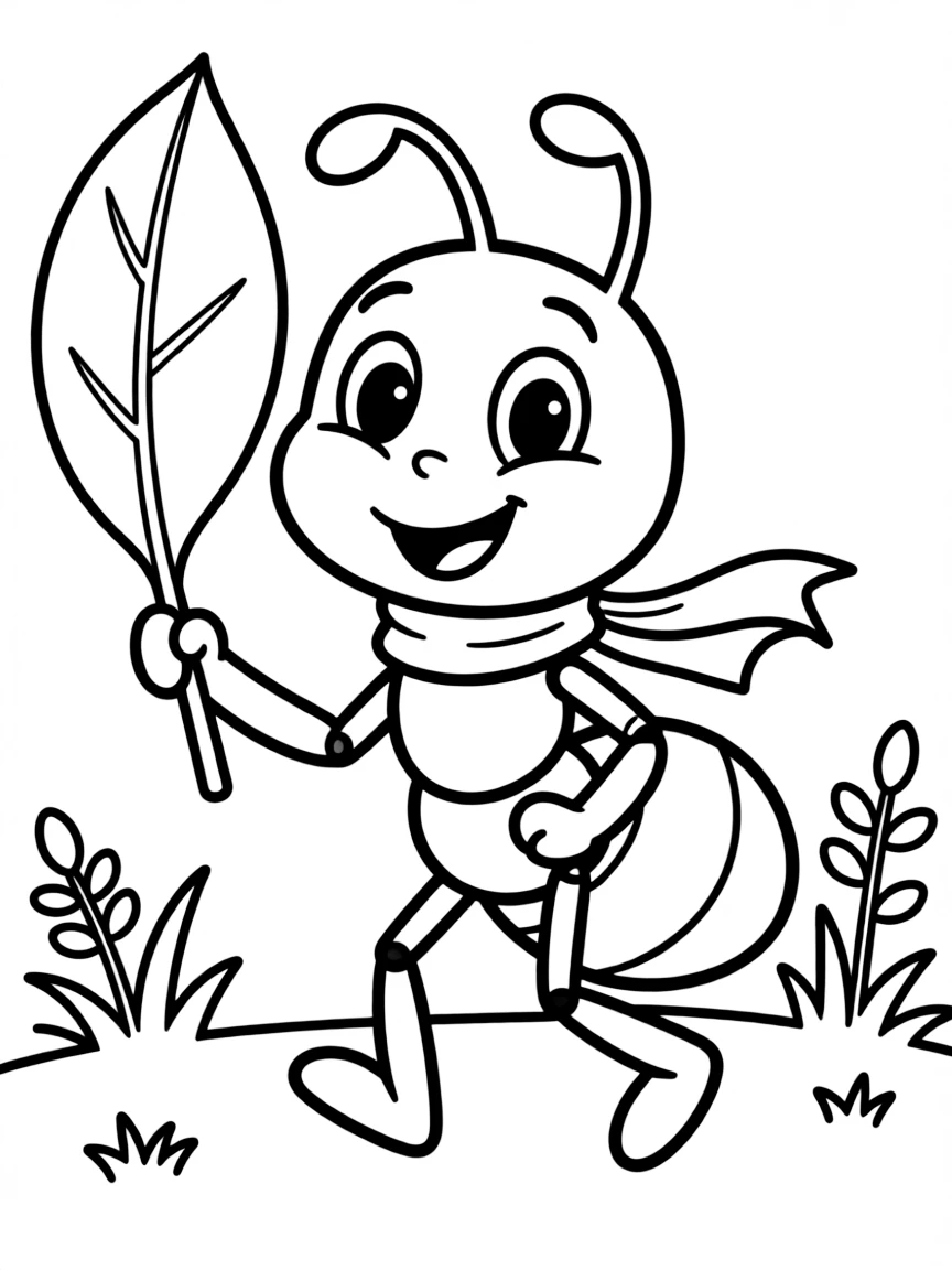 Cheerful cartoon leaf-cutter ant coloring page