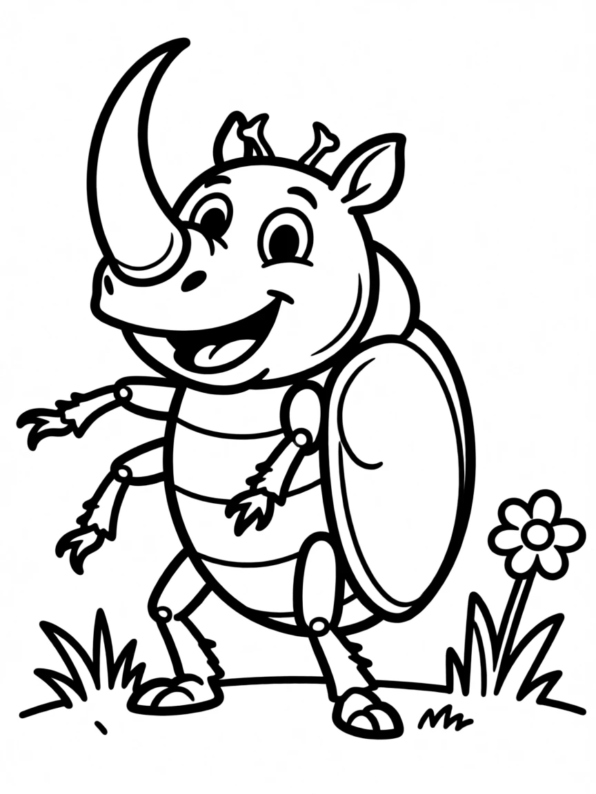 Cheerful cartoon rhinoceros beetle coloring page