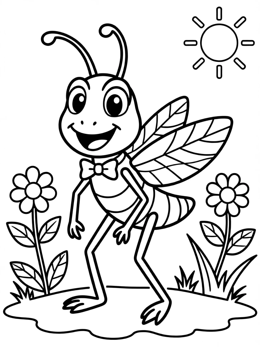Cheerful cartoon grasshopper coloring page