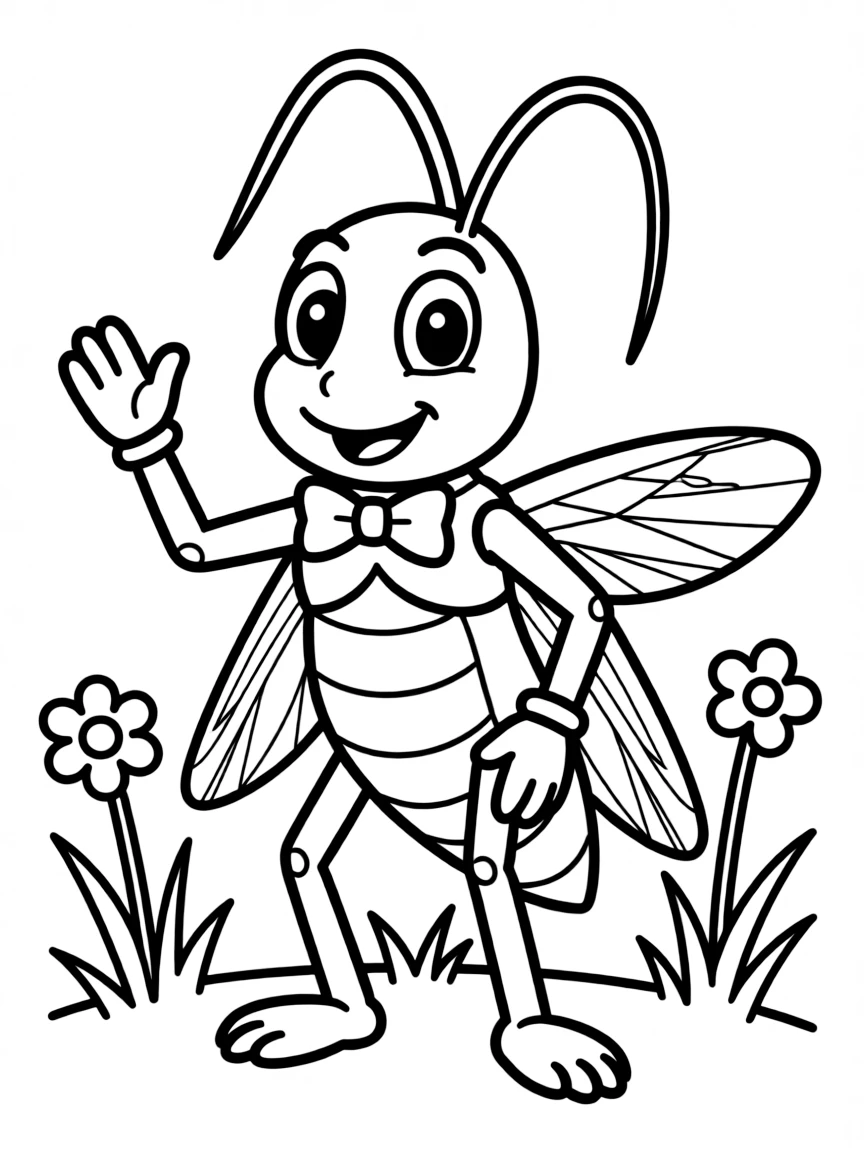 Cheerful cartoon cricket coloring page