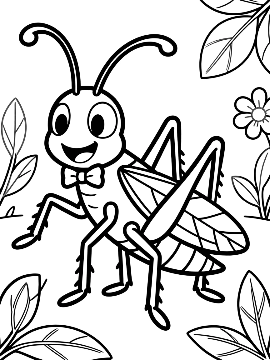 Cheerful cartoon katydid coloring page