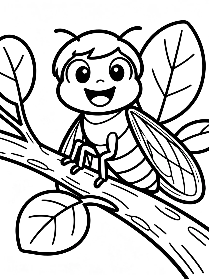 Cheerful cartoon cicada coloring page