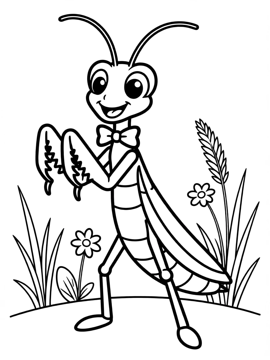 Cheerful cartoon praying mantis coloring page