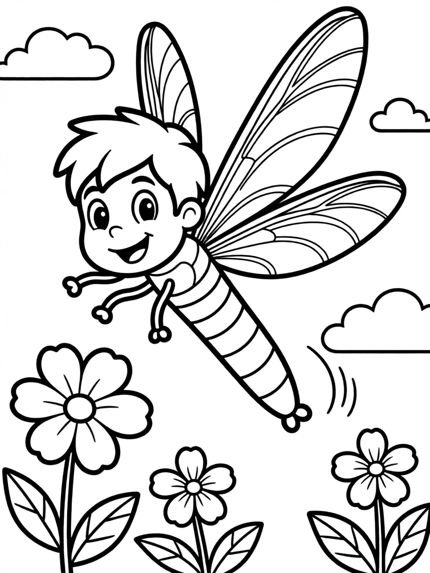 Cheerful cartoon dragonfly coloring page