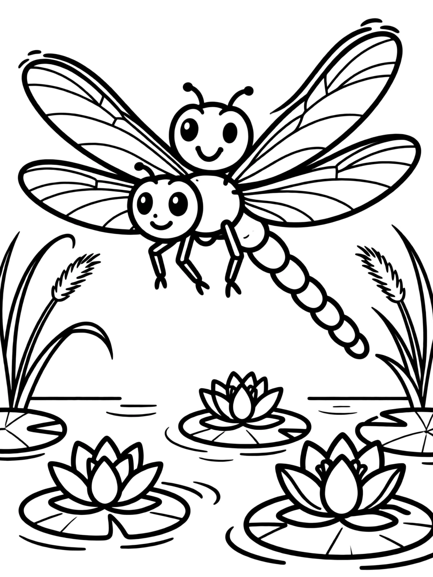 Cheerful cartoon damselfly coloring page