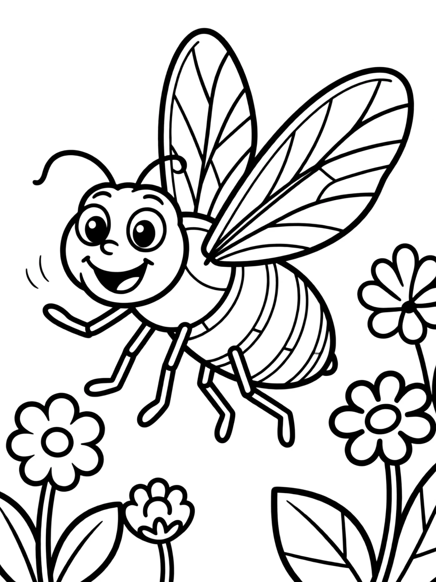 Cheerful cartoon housefly coloring page