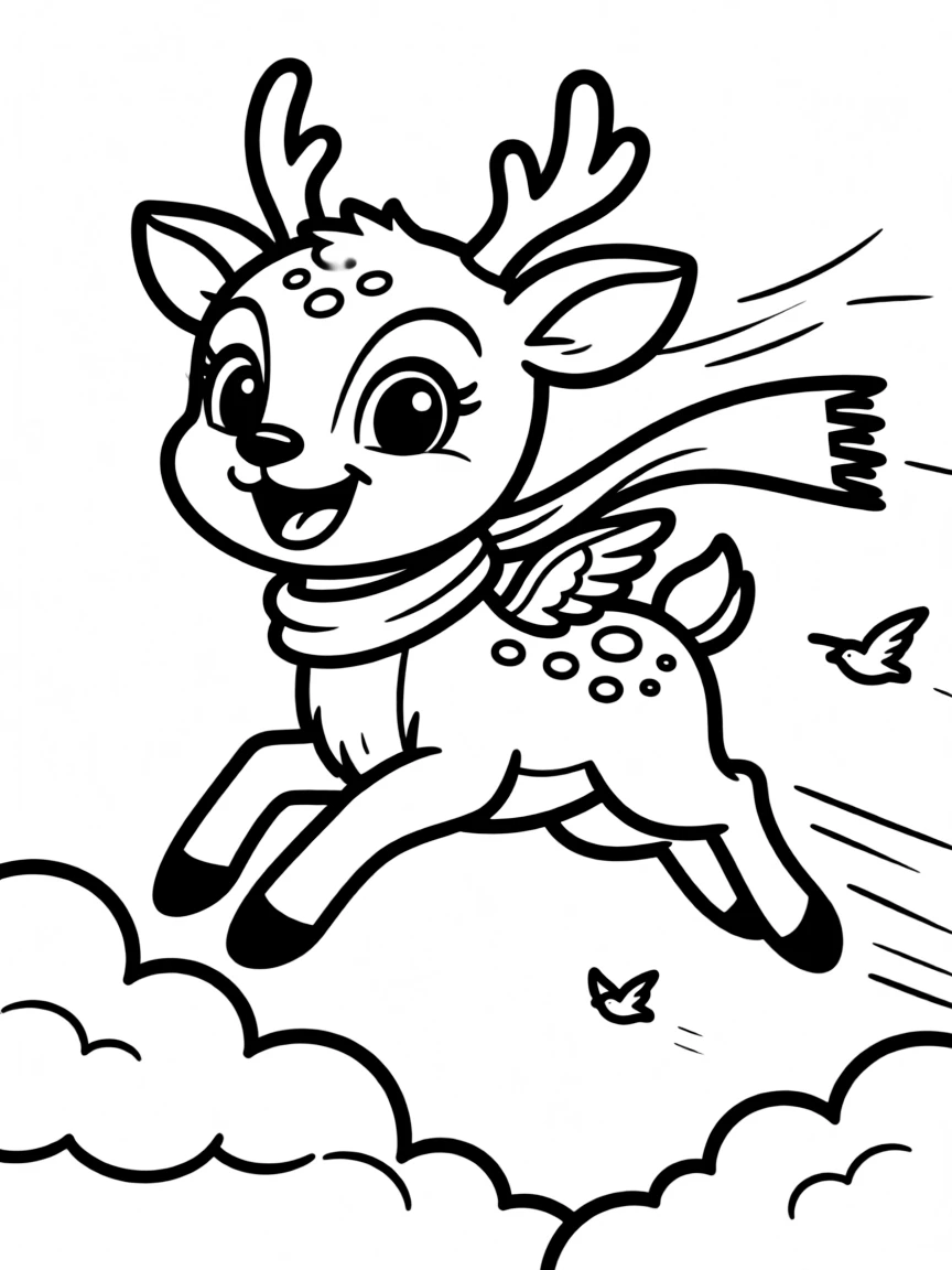 Cheerful cartoon deer fly coloring page