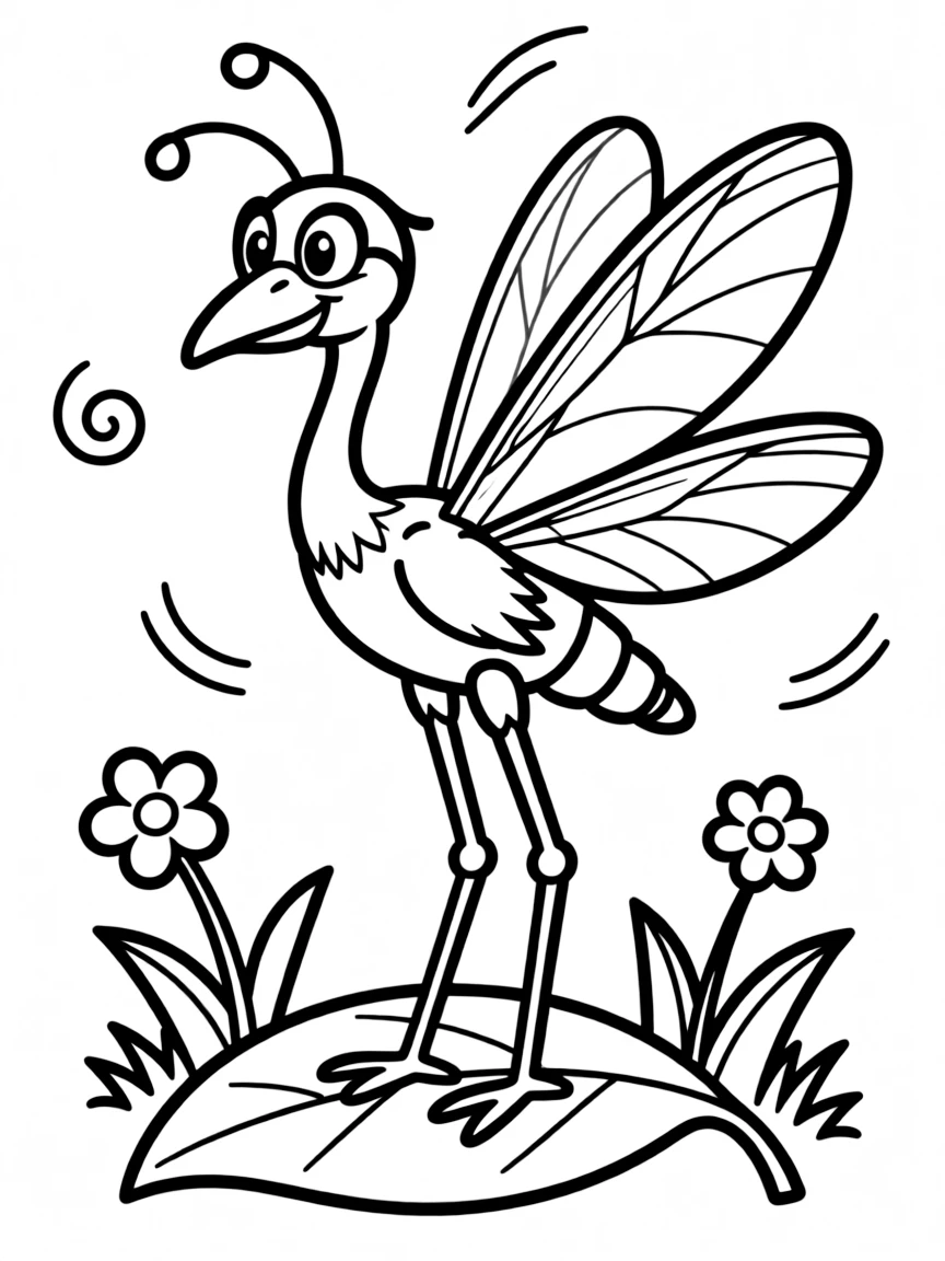 Cheerful cartoon crane fly coloring page