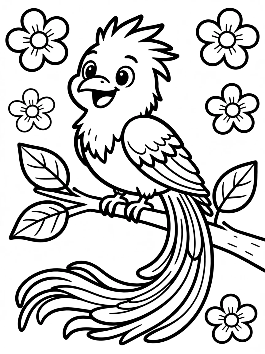 Cheerful cartoon quetzal coloring page