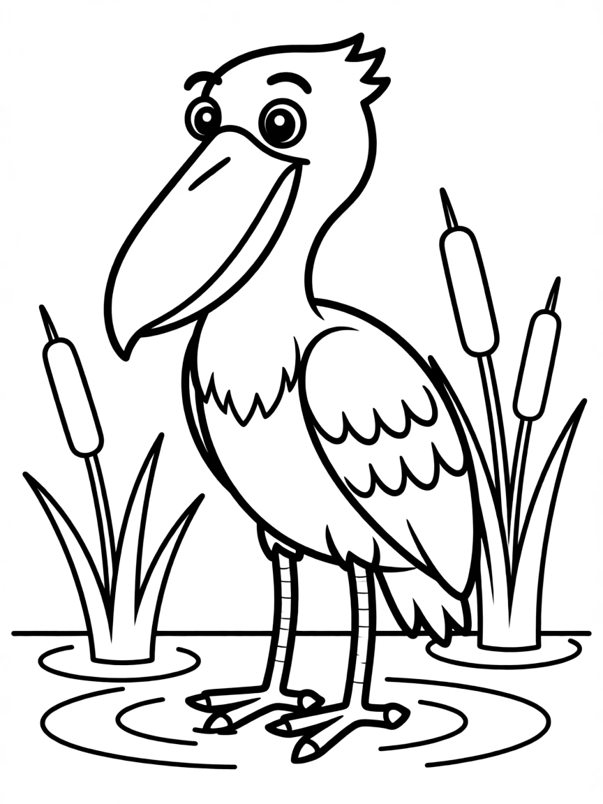 Cheerful cartoon shoebill coloring page