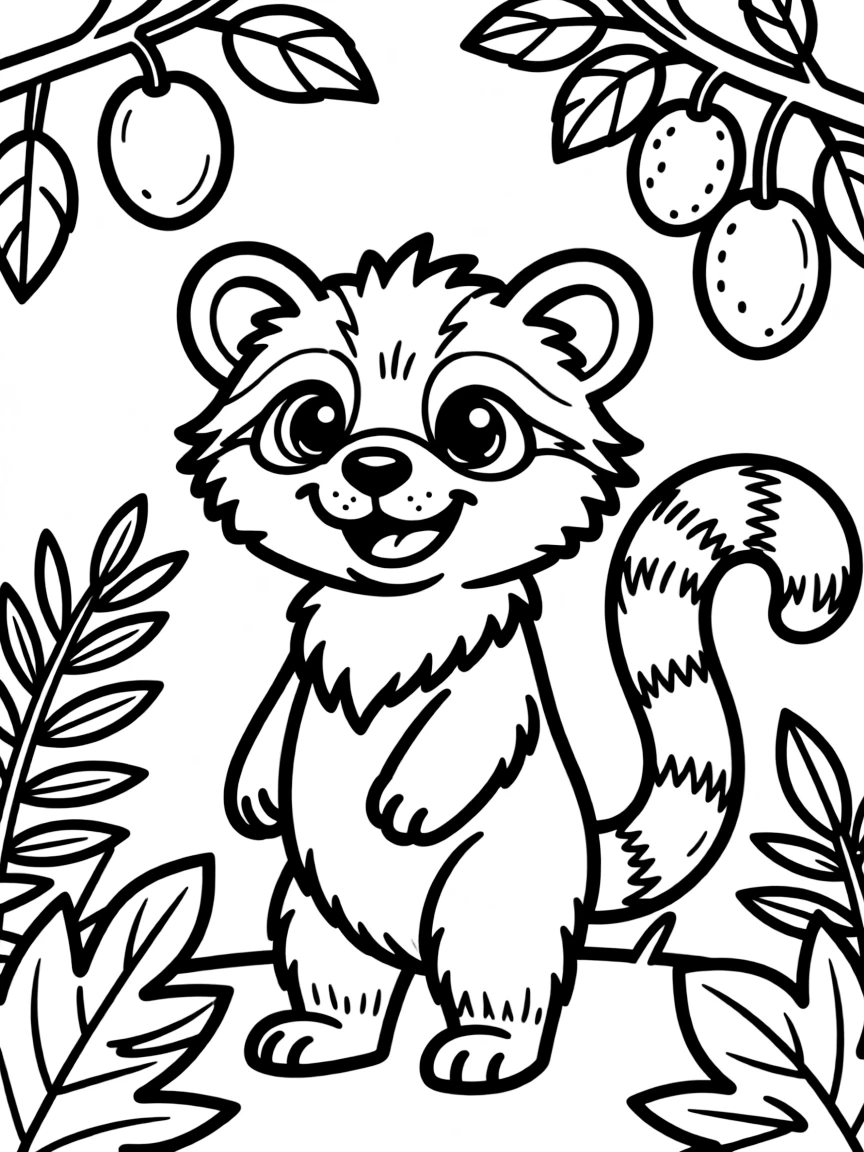 Cheerful cartoon binturong coloring page