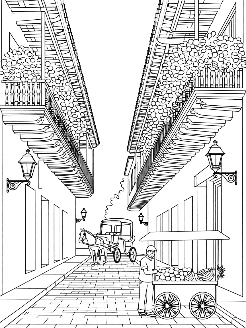A coloring page of a charming street in Cartagena's walled Old City. Show colonial buildings with wooden balconies overflowing with bougainvillea, cobblestone streets, and wrought-iron lanterns. Include a horse-drawn carriage in the background and a street vendor selling fruit from a cart in the foreground.