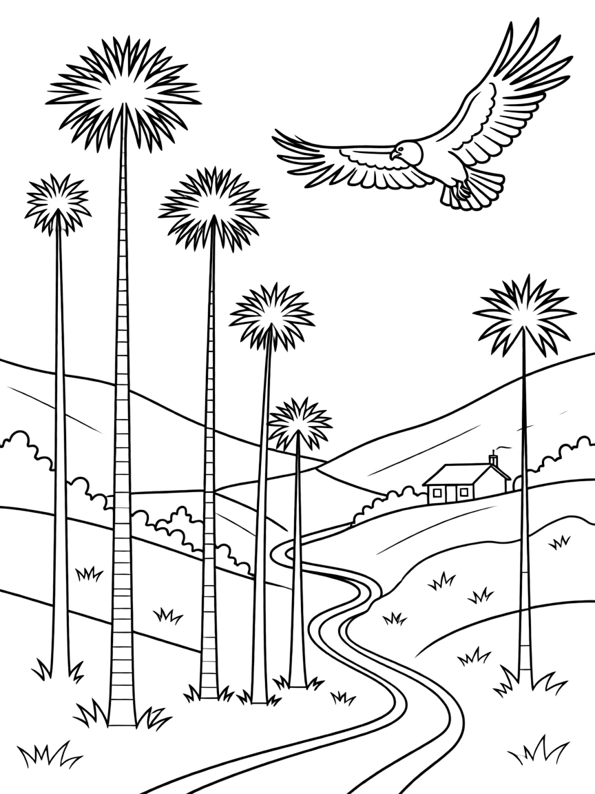 A coloring page featuring Colombia's Cocora Valley, with tall, slender wax palm trees (Colombia's national tree) rising above rolling green hills and morning mist. Add a small hiking trail winding through the valley, a distant Andean farmhouse, and a condor soaring overhead.