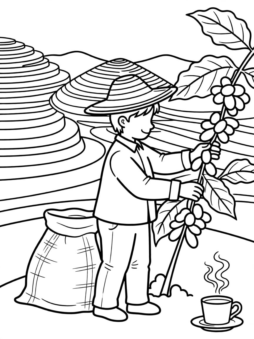A coloring page celebrating Colombian coffee culture. Show a coffee farmer in traditional dress (including a sombrero vueltiao) picking ripe coffee cherries on a terraced mountainside plantation. Include close-up details like a coffee branch with cherries, a burlap sack, and a steaming cup of coffee in the corner.