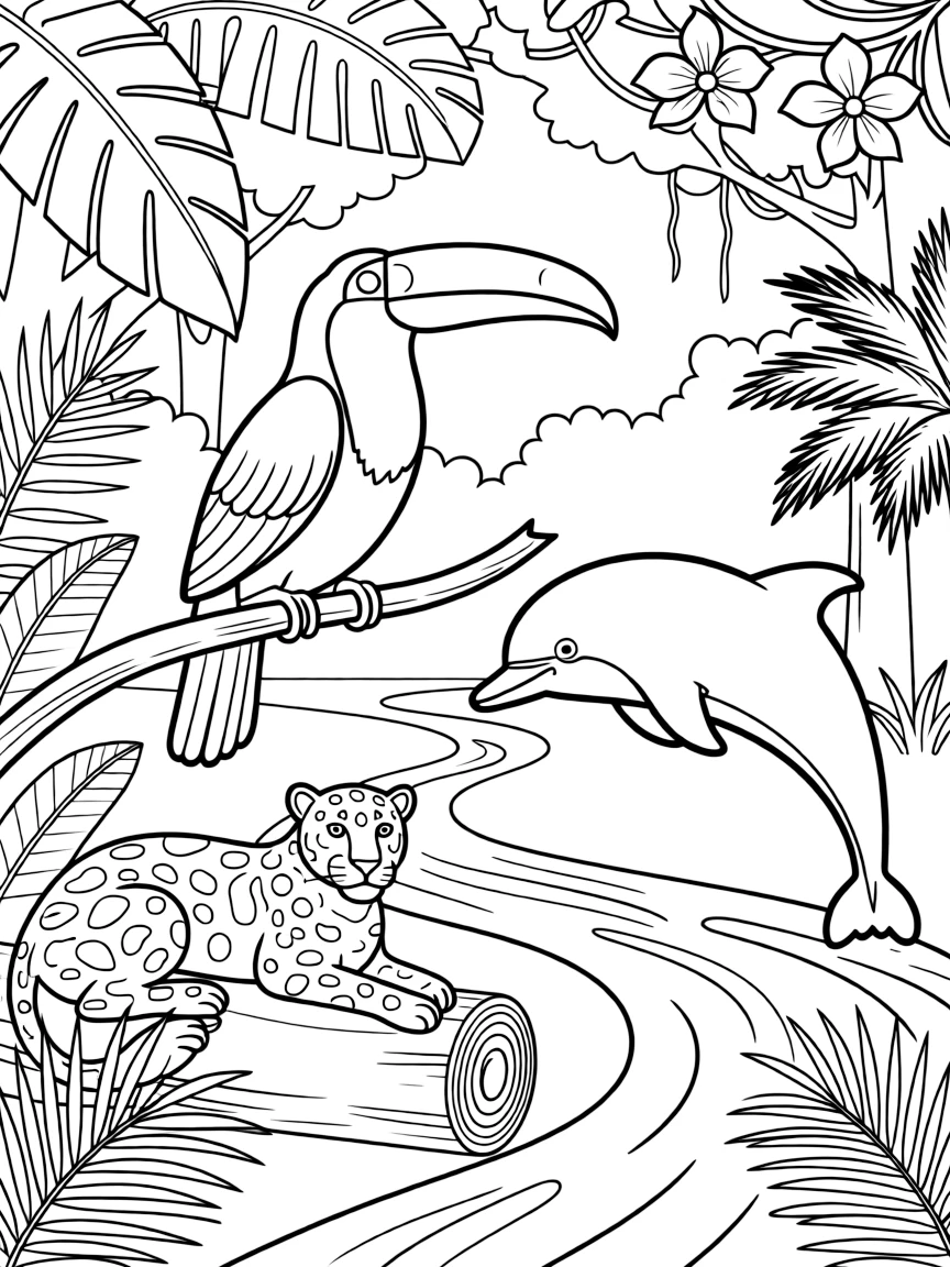 A coloring page of Colombian Amazon rainforest wildlife. Feature a toucan perched on a branch, a pink river dolphin leaping from a river, a jaguar resting on a log, and large tropical leaves and orchids framing the scene. Include a winding river and dense jungle canopy in the background.