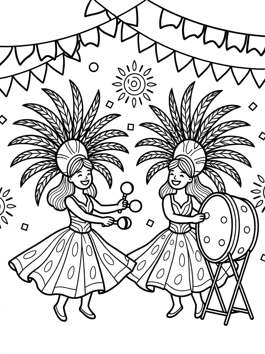 A coloring page capturing the energy of Barranquilla's Carnival. Show dancers in elaborate feathered headdresses and flowing skirts mid-dance, with confetti, maracas, and drums scattered around them. Add decorative background elements like festive banners and stylized sun motifs.