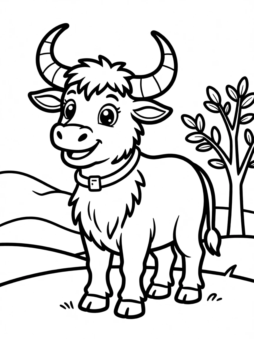 Cheerful cartoon zebu coloring page