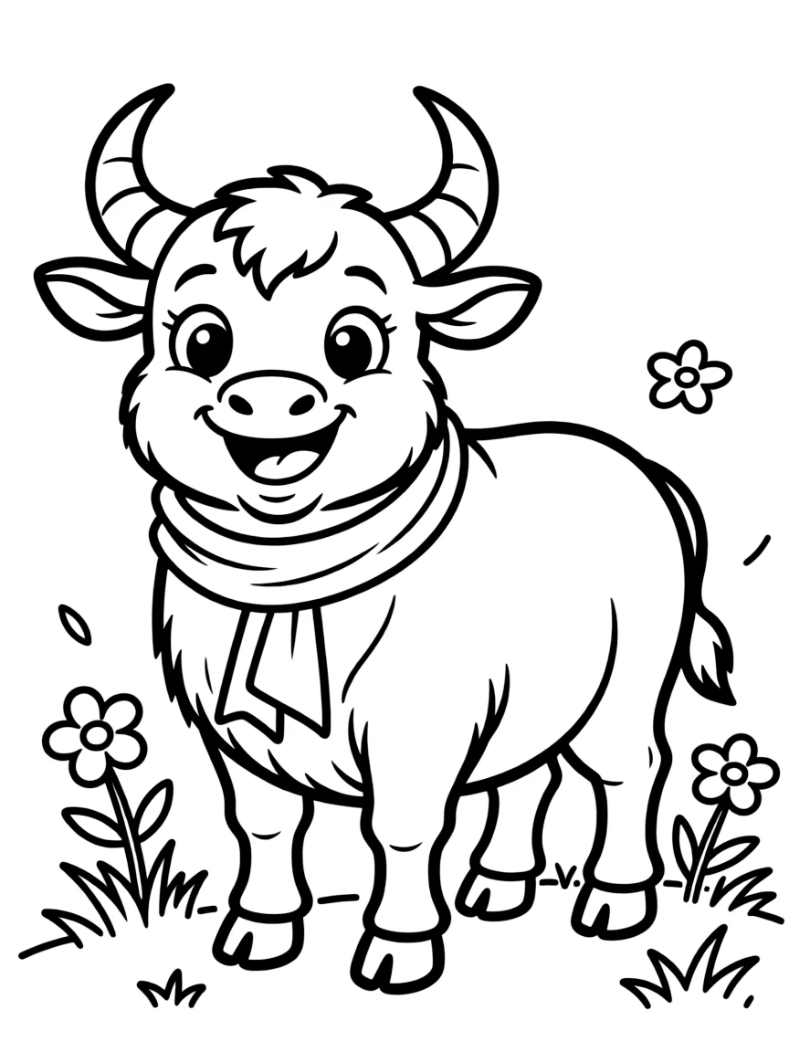 Cheerful cartoon banteng coloring page