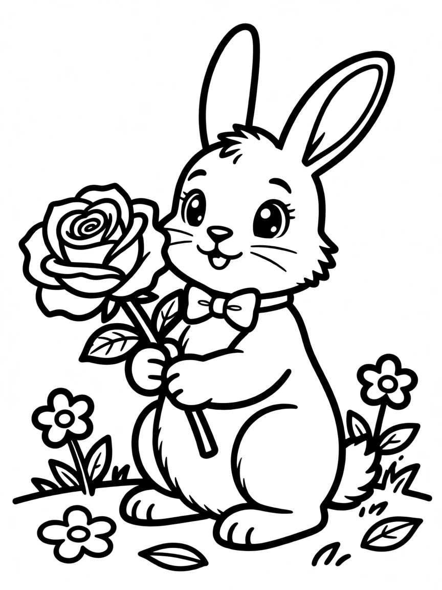 adorable cartoon rabbit with rose coloring page
