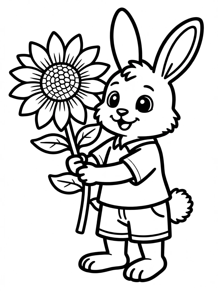 cute bunny holding sunflower coloring page