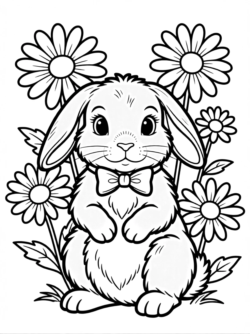 fluffy rabbit surrounded by daisies coloring page