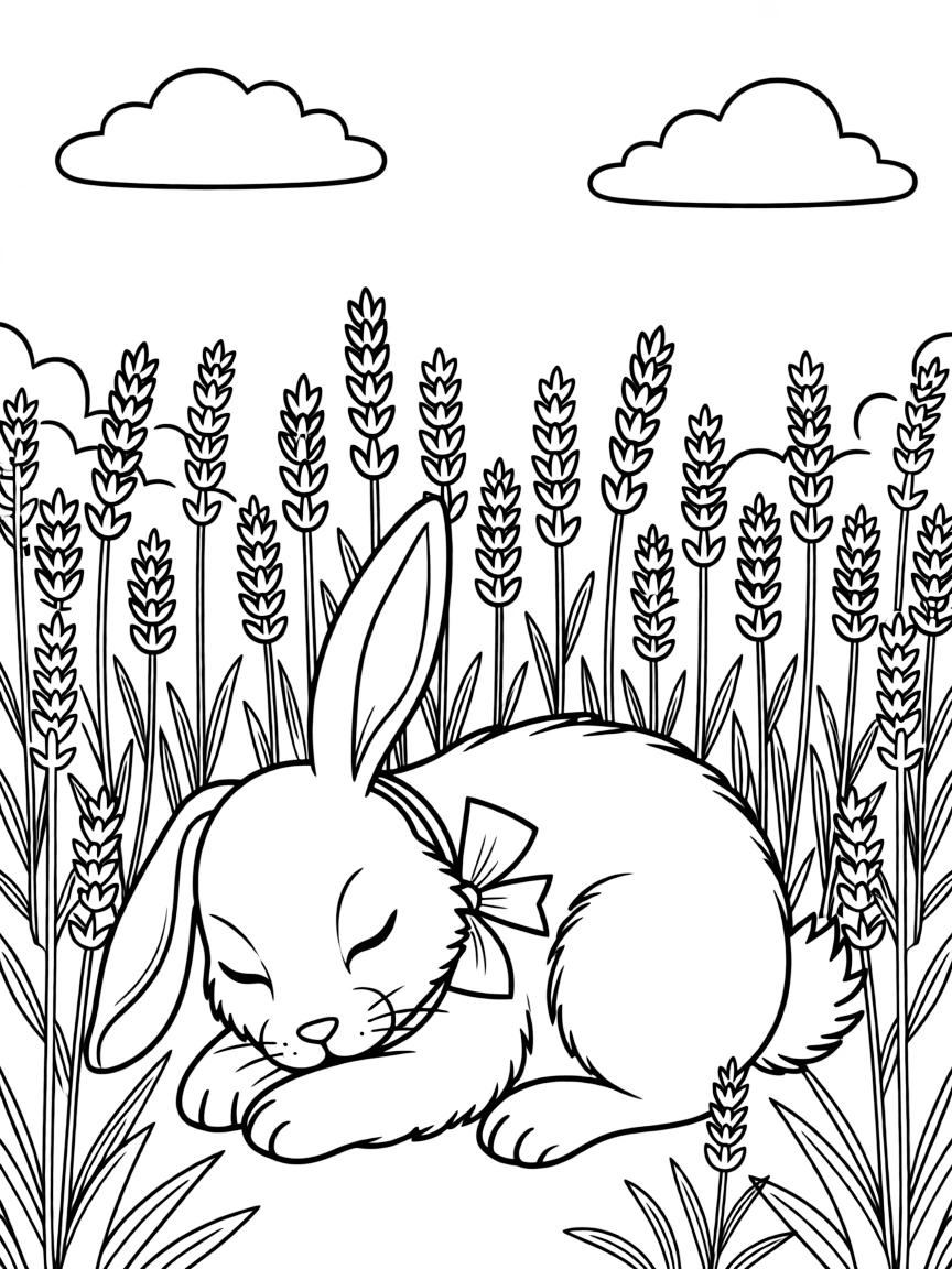 sleepy bunny nestled in lavender field coloring page