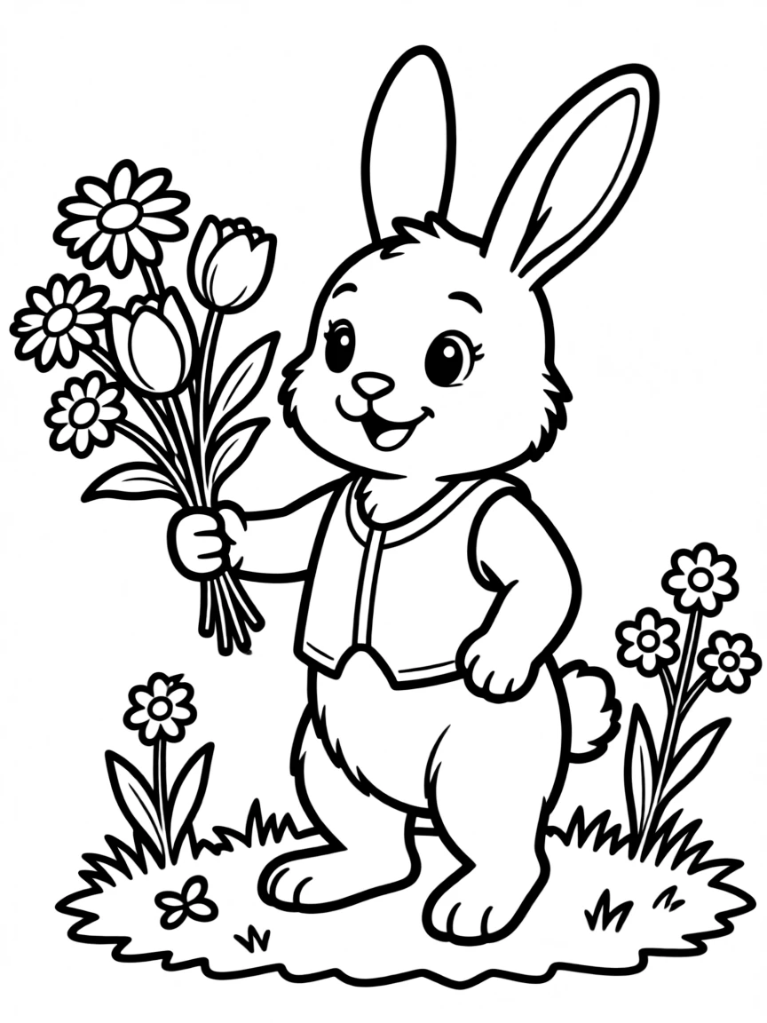 happy rabbit picking wildflowers coloring page