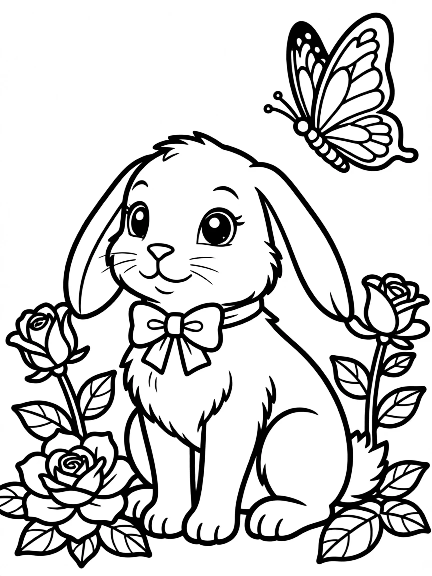 adorable bunny with butterfly and roses coloring page