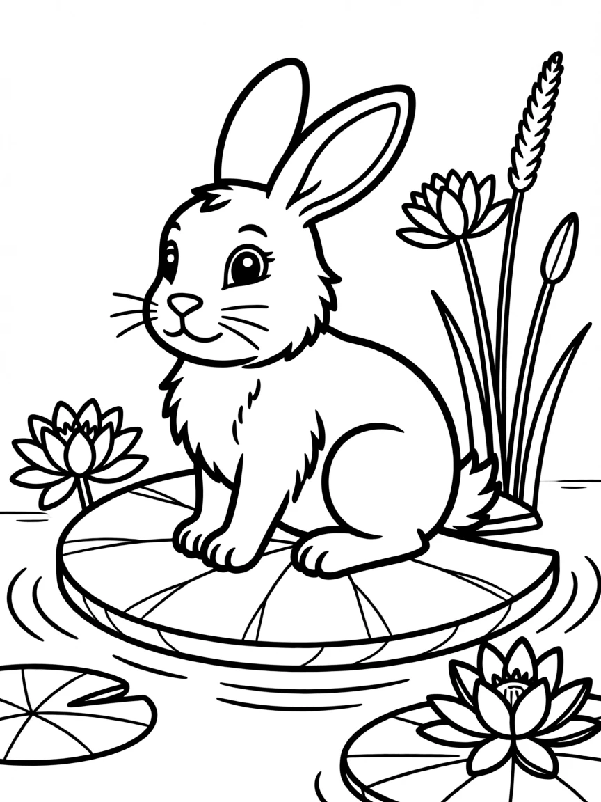 fluffy rabbit sitting in lily pad pond coloring page