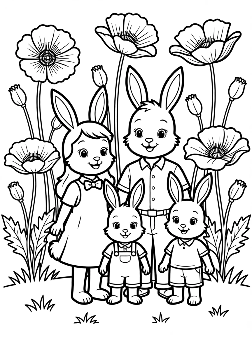 cute bunny family in poppy field coloring page