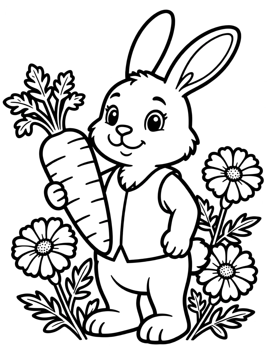 cartoon rabbit with carrot and marigolds coloring page